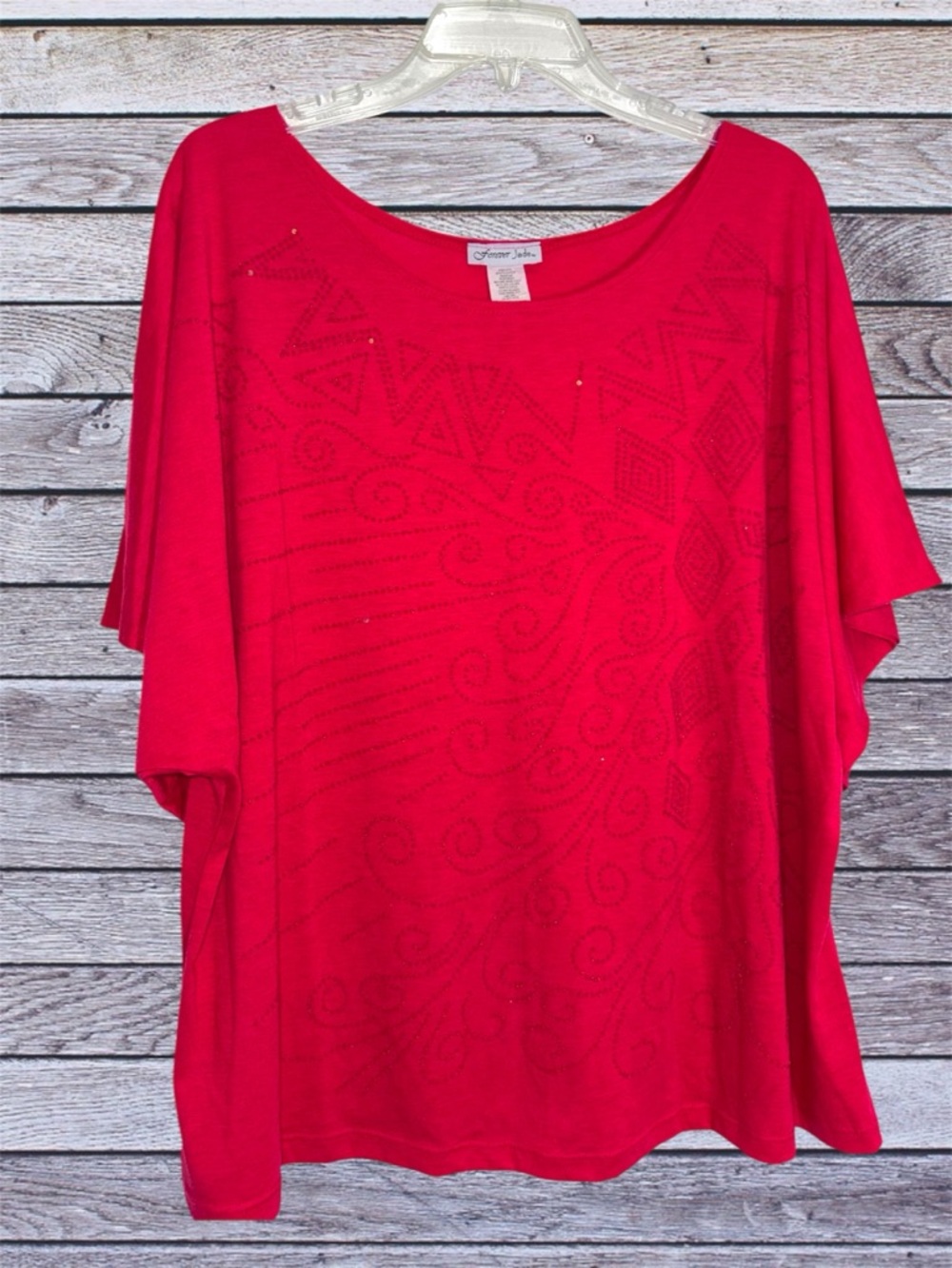 Forever Jade Relaxed Embellished Tunic Top with Short Dolman Style Sleeves 3X